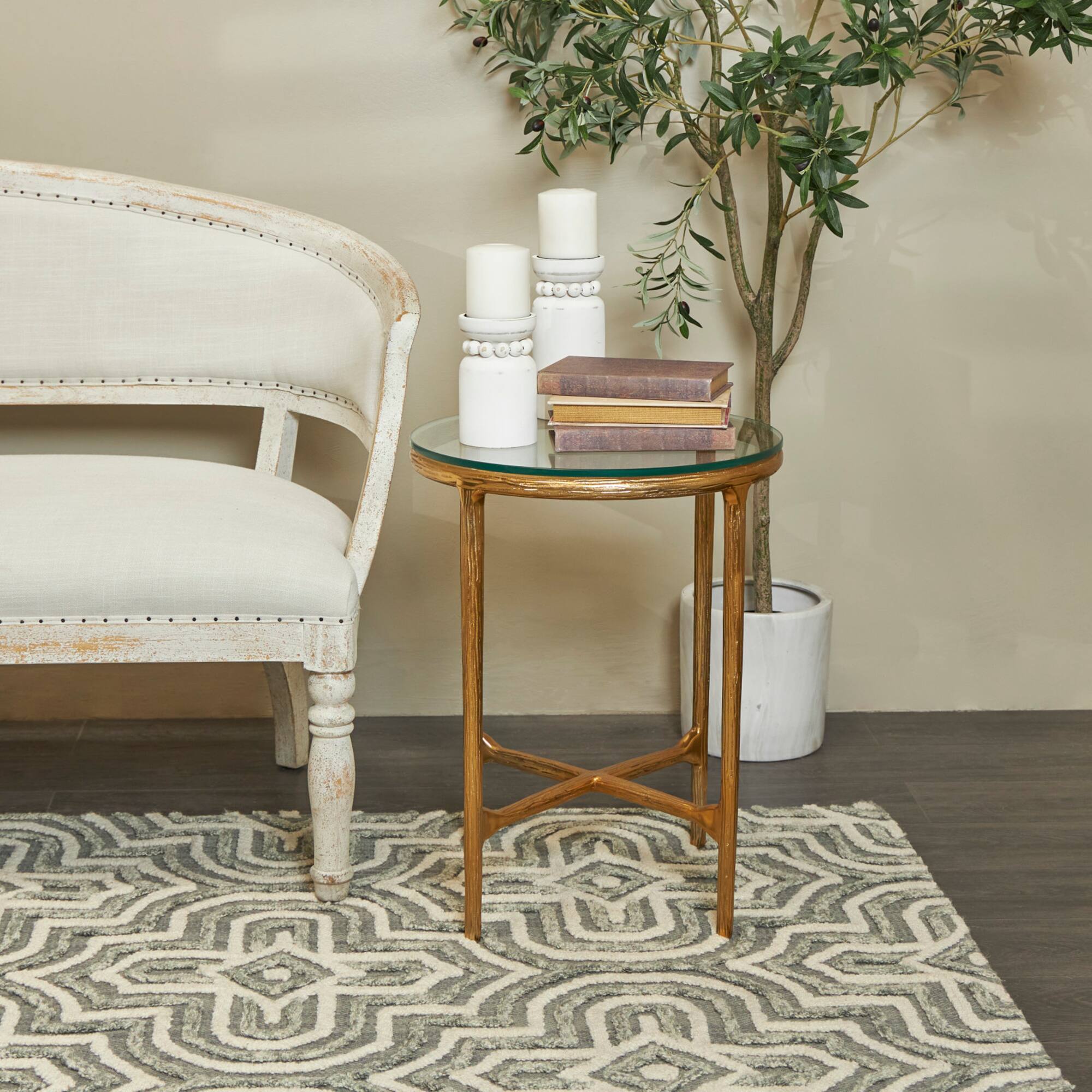 23" Aluminum Textured Accent Table with Glass Tabletop
